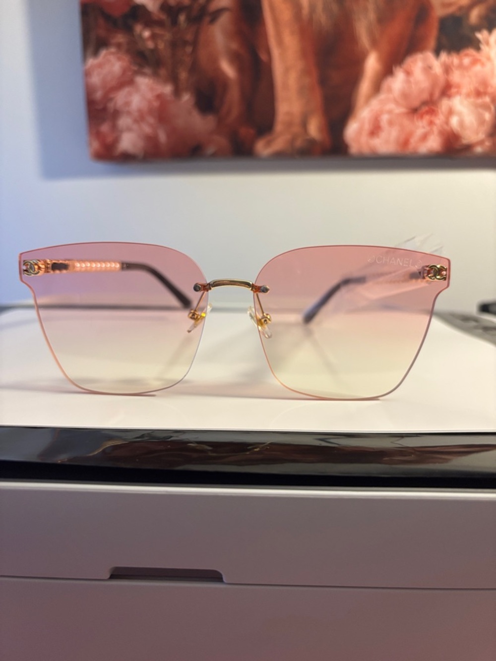 Inspired !!! CHANEL Pink to Cream Gradient Rimless Sunglasses with Gold Accents